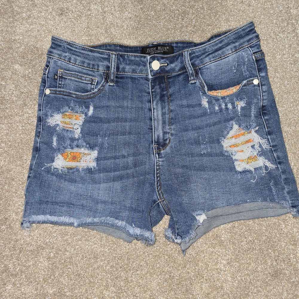 Judy Blue Women's Ripped Jean Shorts - Blue and Orange Accents
